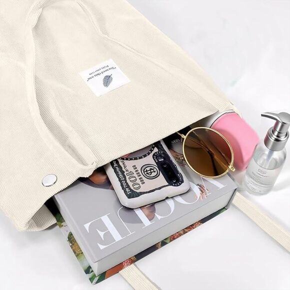 Women Beige Imported Corduroy Small Canvas Shoulder Handy Tote Bag - Picture 2 of 4